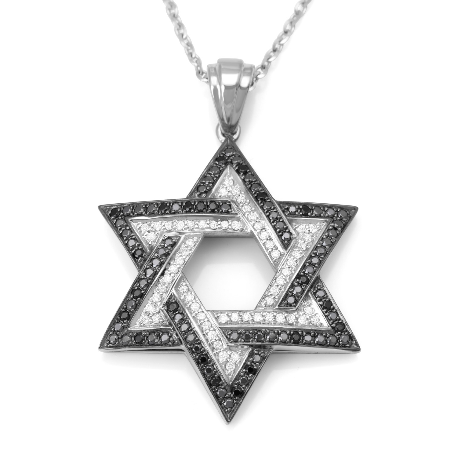 14K White Gold Double Star of David Pendant Lined with Black and White Diamonds main product photo