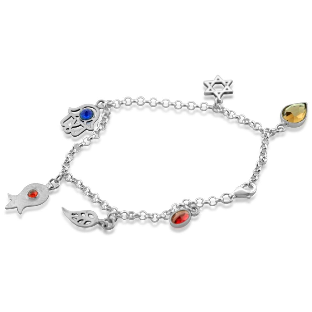  Sterling Silver Bracelet with Assorted Jewish Charms and Gemstones - 1