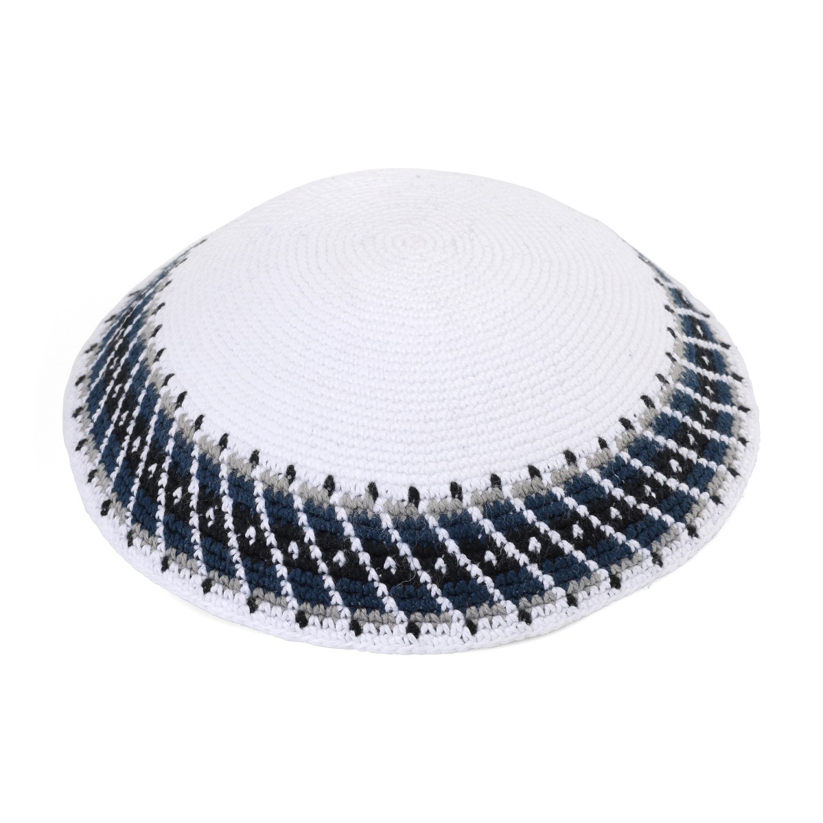 High-Quality Knitted White Kippah with Colorful Border (Large) - 1