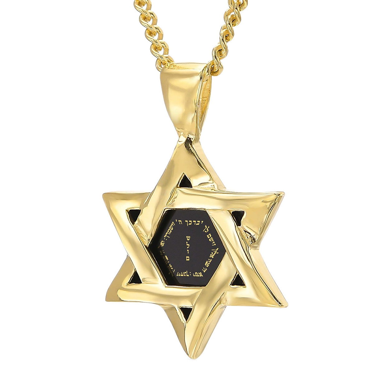 14K Gold Men's Star of David Priestly Blessing Necklace With Onyx Stone and 24K Gold Inscription (Numbers 6:24-26) - 1