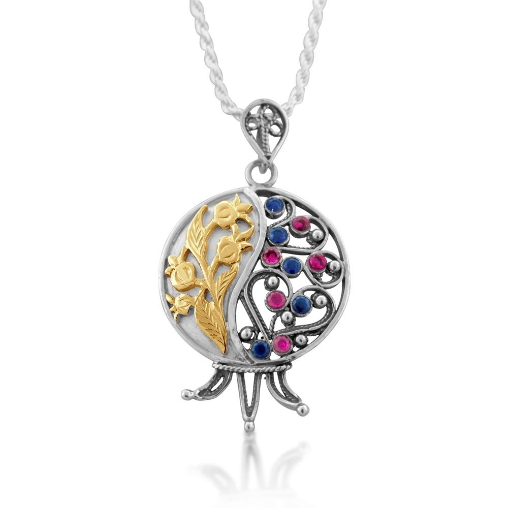 Large Gold and Silver Filigree Pomegranate Necklace with Ruby and Sapphire Gemstones - 3