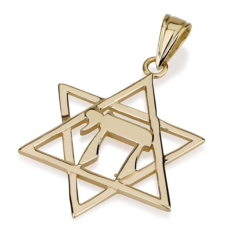 14K Gold Classic Thin Cut Star of David with Chai Pendant - 1