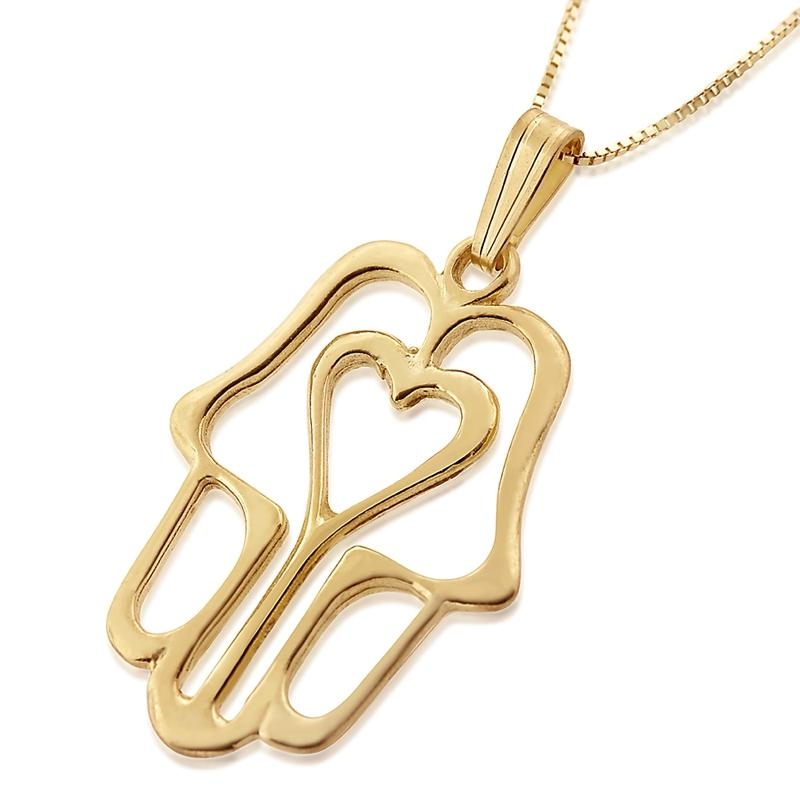 14K Gold Hamsa Pendant with Heart - 1