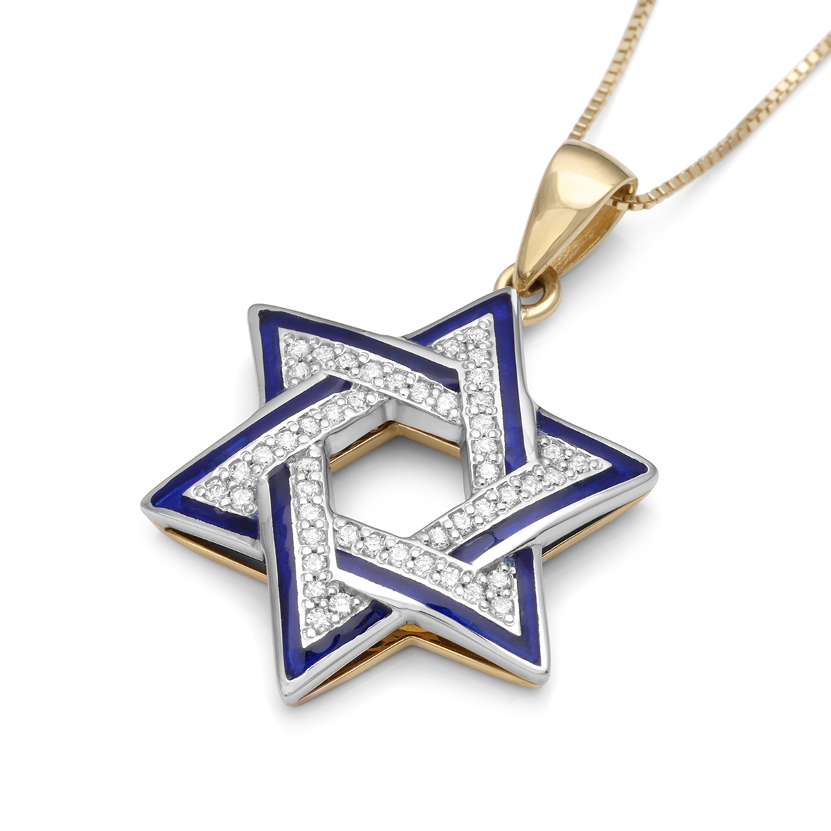 Two-Toned 14K Gold Star of David Pendant Necklace With Blue Enamel and White Diamonds - 1