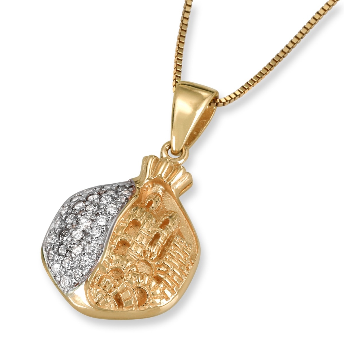 14K Gold Diamond-Encrusted Pomegranate Pendant With Jerusalem Motif - 1