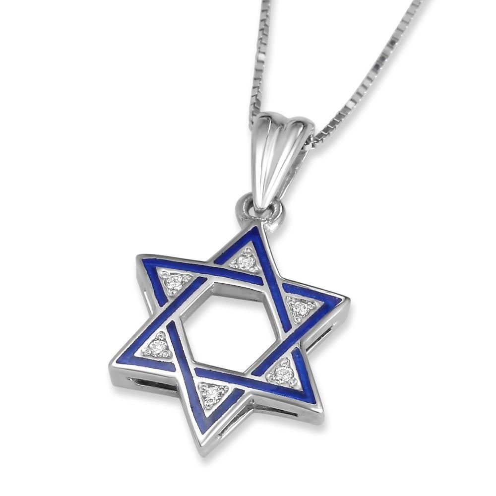 14K Gold Blue Enamel Star of David Diamond Pendant Necklace - Choice of Color - 1