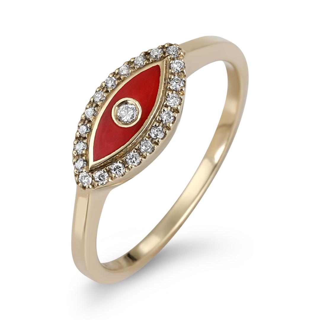 14K Yellow Gold Evil Eye Diamond Ring with Red Enamel - 1