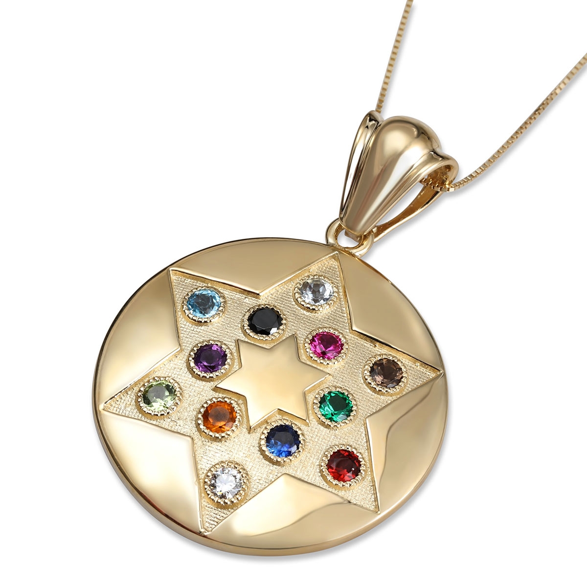 14K Yellow Gold Star of David Hoshen (Twelve Tribes of Israel) Circular Disc Pendant with Gemstones - 1
