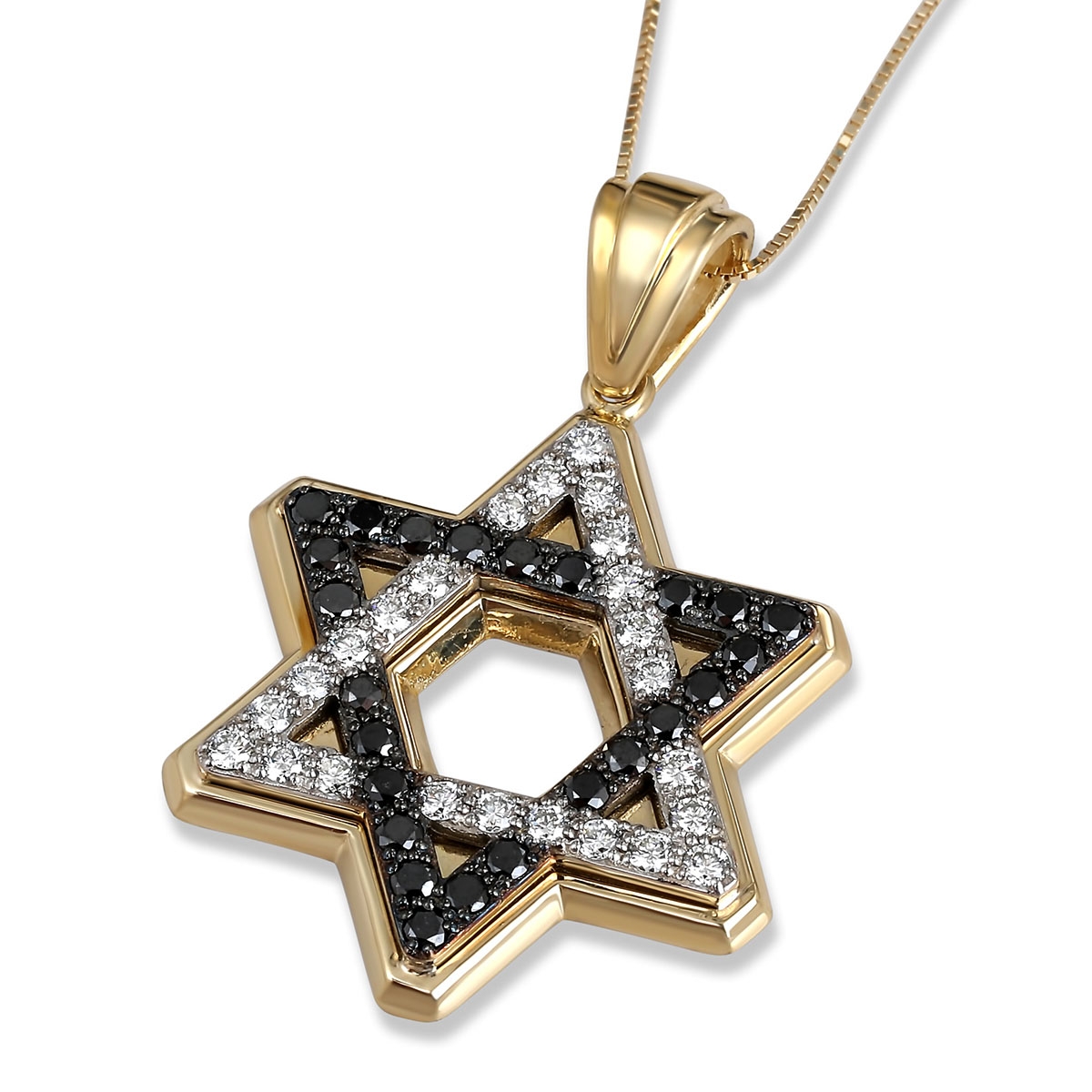 14K Gold Star of David Black & White Diamond Pendant  - 2