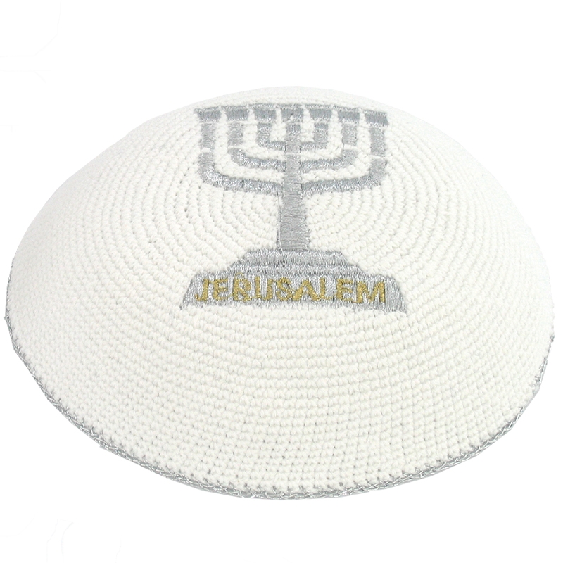 Knitted and Embroidered Jerusalem Menorah Kippah - 1