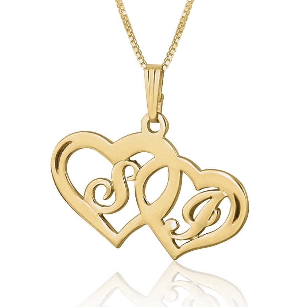 24K Gold Plated Silver Double Heart Necklace with Personalized Initials - (Victorian Script) - 1