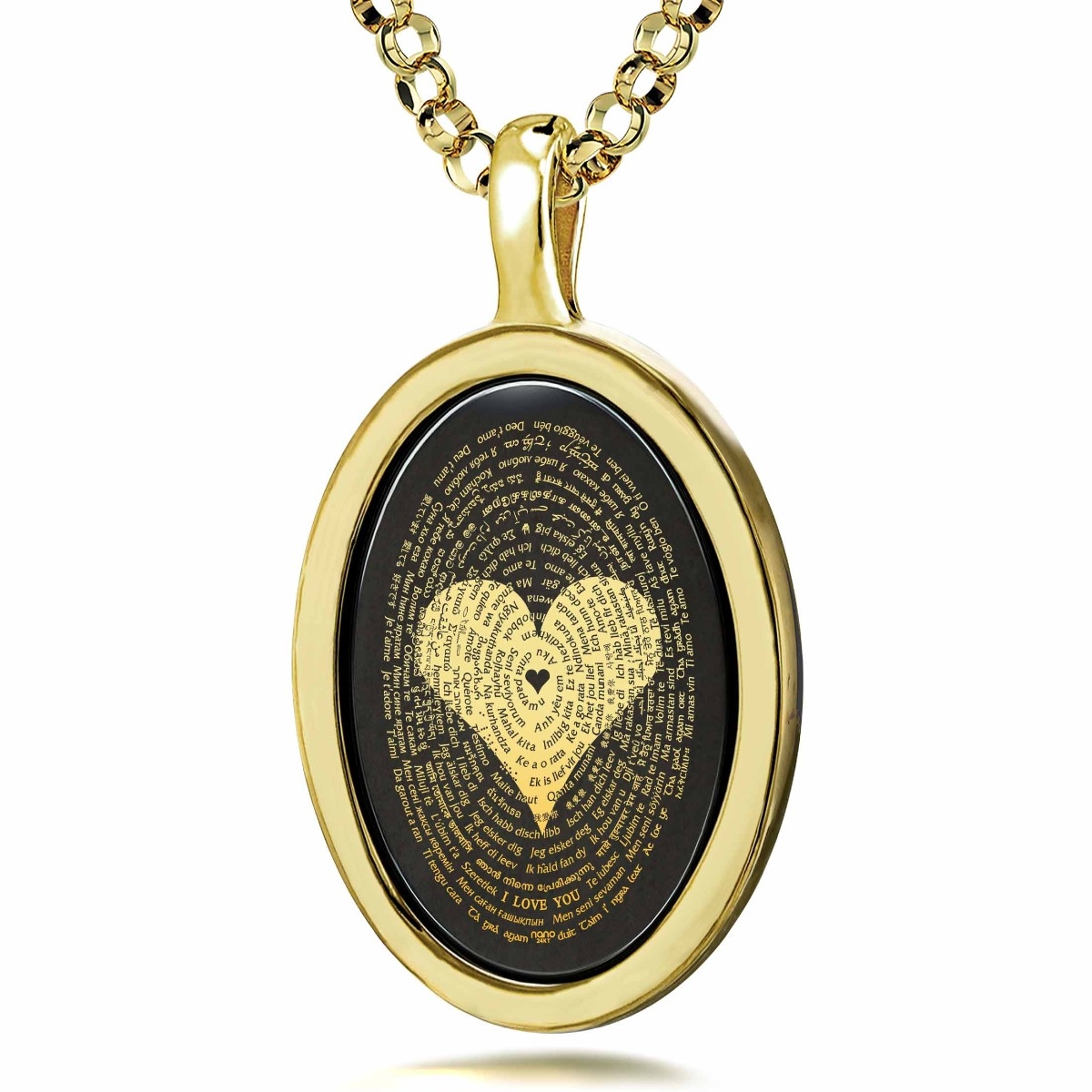 14K Gold and Onyx Necklace Micro-Inscribed with 24K Gold Heart and "I Love You" in 120 Languages - 1