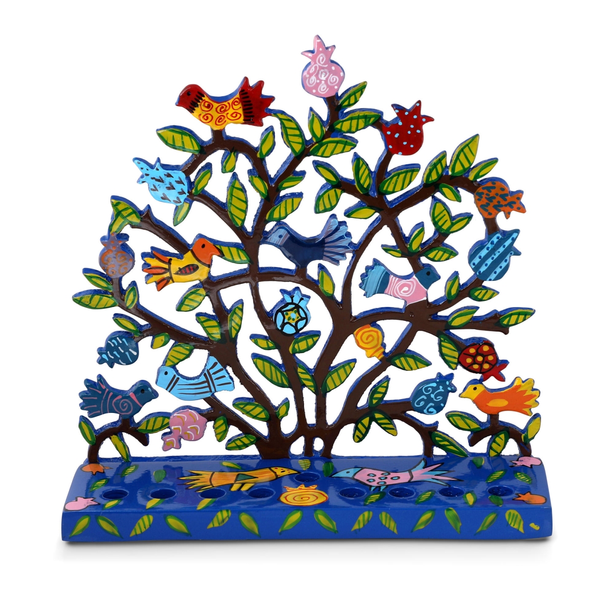 Yair Emanuel Painted Metal Menorah - Birds in Pomegranate Tree - 1