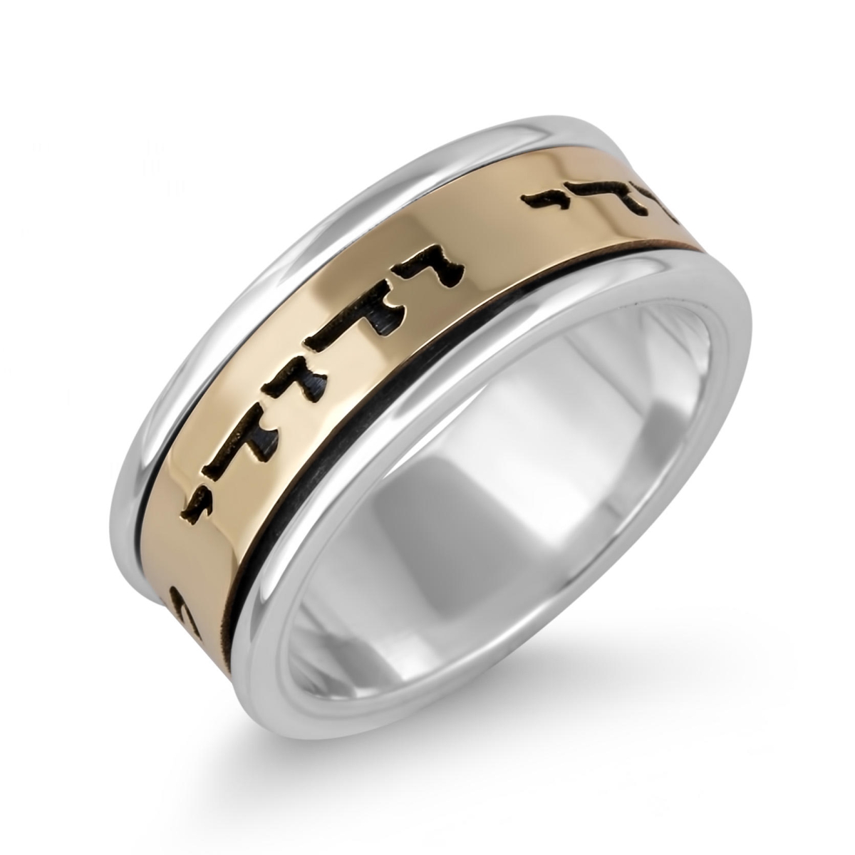 Sterling Silver Ring with English / Hebrew Customizable 14K Gold Band (Optional Spinner) - 1