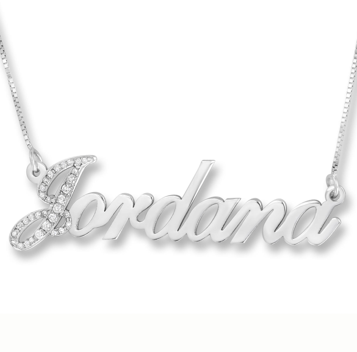 14K White Gold Name Necklace (Hebrew/English) With Diamond Studded First Letter - 1