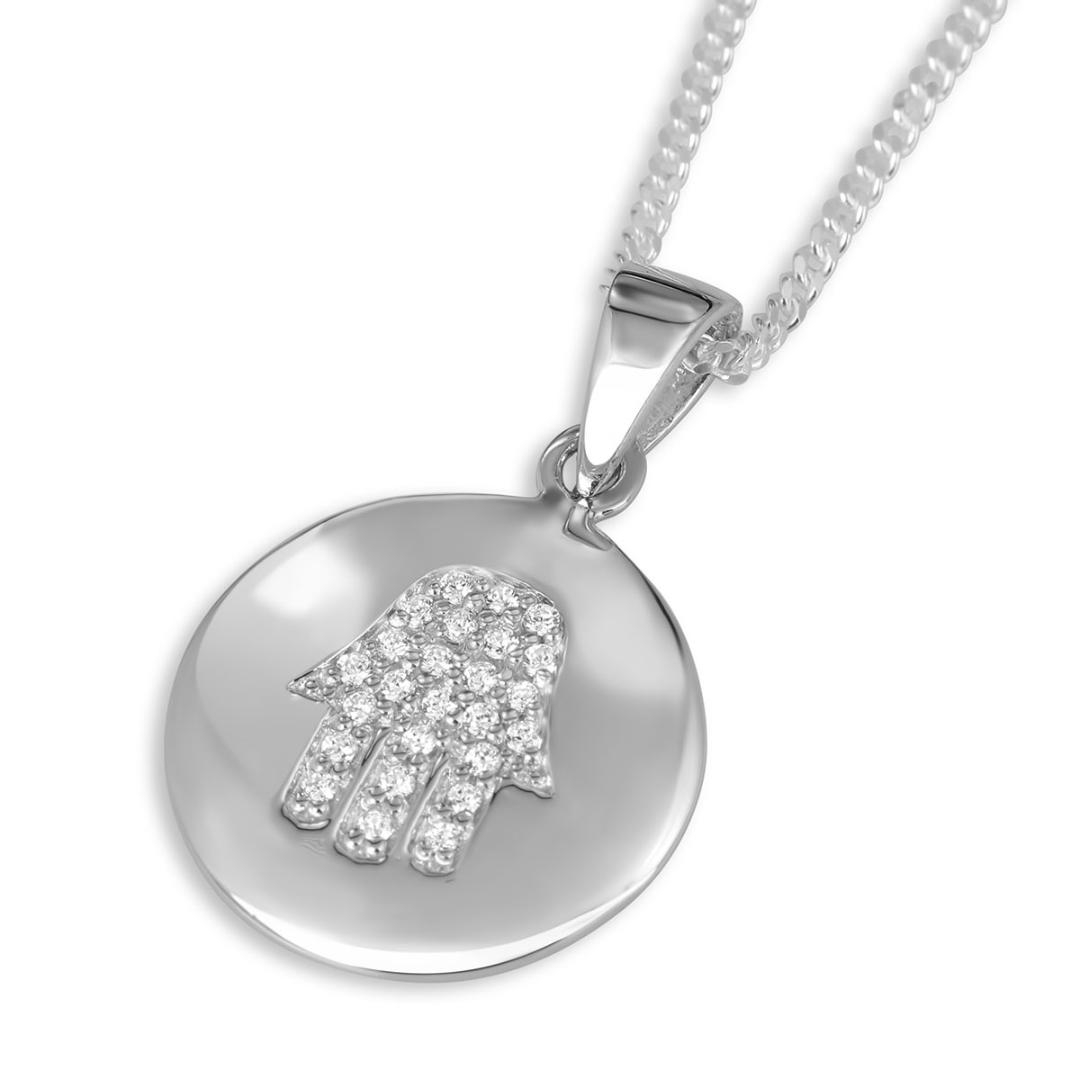  925 Sterling Hamsa Disc Necklace with Cubic Zirconia Stones - 1