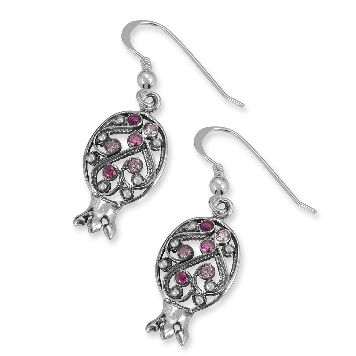 925 Sterling Silver Pomegranate Earrings With Filigree Design and Gemstones - 1