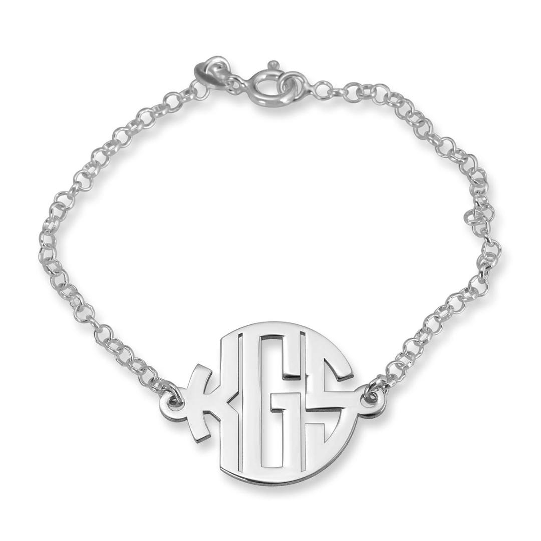 925 Sterling Silver Three Cursive Initials Bracelet, Name Jewelry