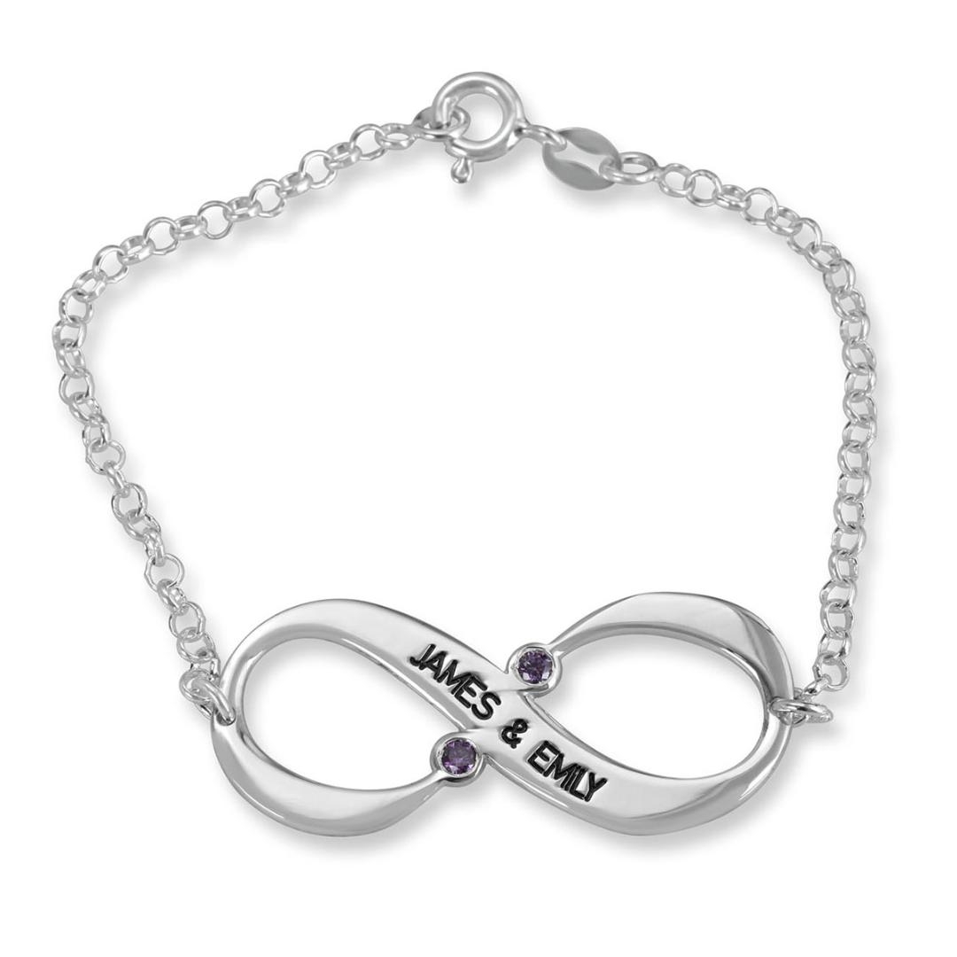 925 Sterling Silver Two English Names Infinity Bracelet with Birthstones - 1