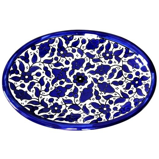 Blue and White Flowers Oval Plate. Armenian Ceramic - 1