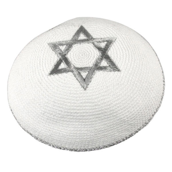 Knitted and Embroidered Star of David Kippah - Silver - 1