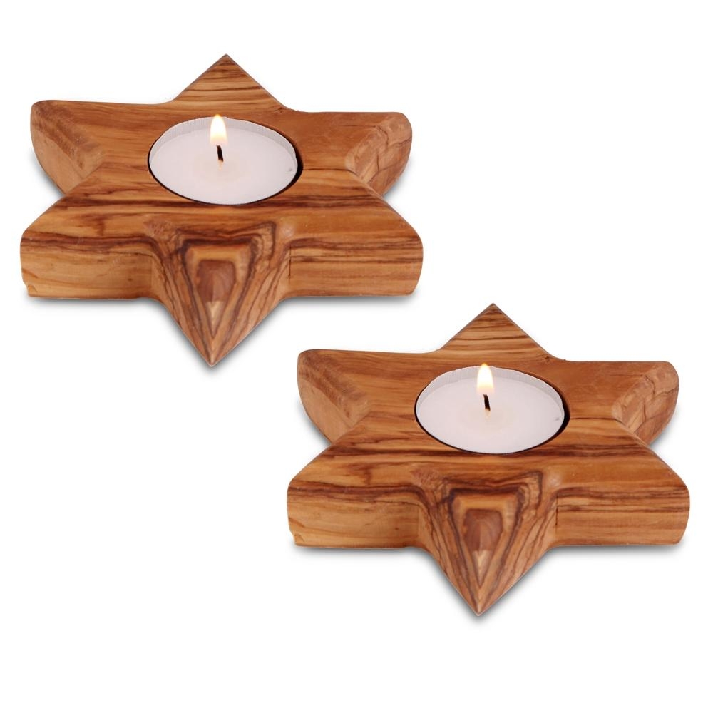 Pair of Olive Wood Candle Holders - Star of David (Large) - 1