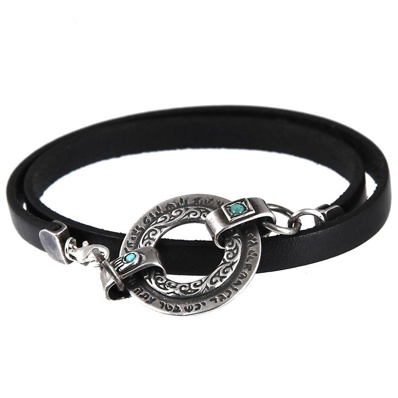 Priestly Blessing & Ana Bekoach: Black Leather and 2-Sided Silver Wheel Bracelet with Turquoise Stones - 1