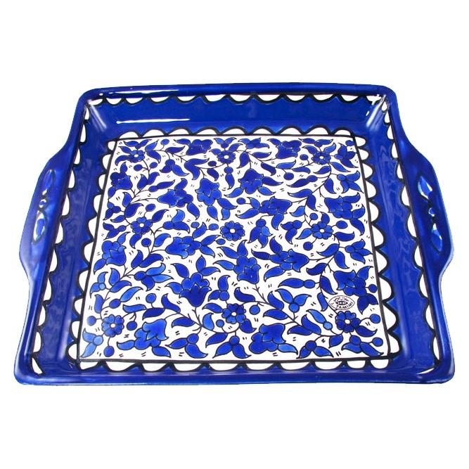 Armenian Ceramic Matzah Plate - Blue and White Floral - 1