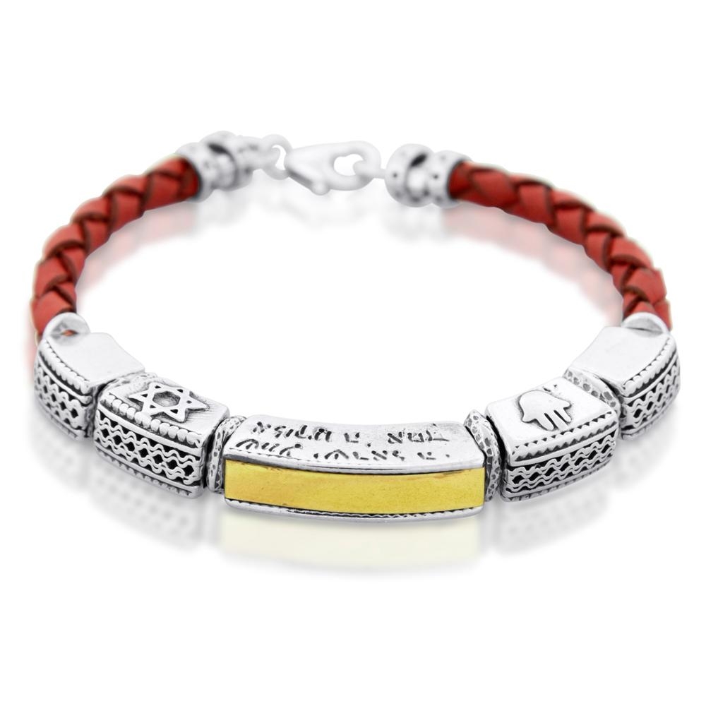 Shema Yisrael: Leather, Gold and Silver Unisex Bracelet with Star of David and Hamsa (Variety of Colors) - 1
