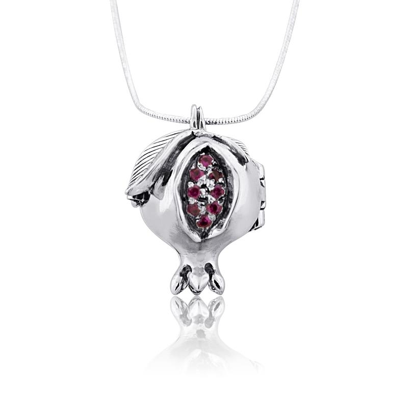 Silver Pomegranate Necklace with Red Gemstones - Shema Yisrael - 3