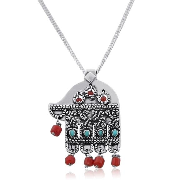 Silver & Stone Hamsa Necklace adapted from child's amulet. Kurdistan 19th Century - 1