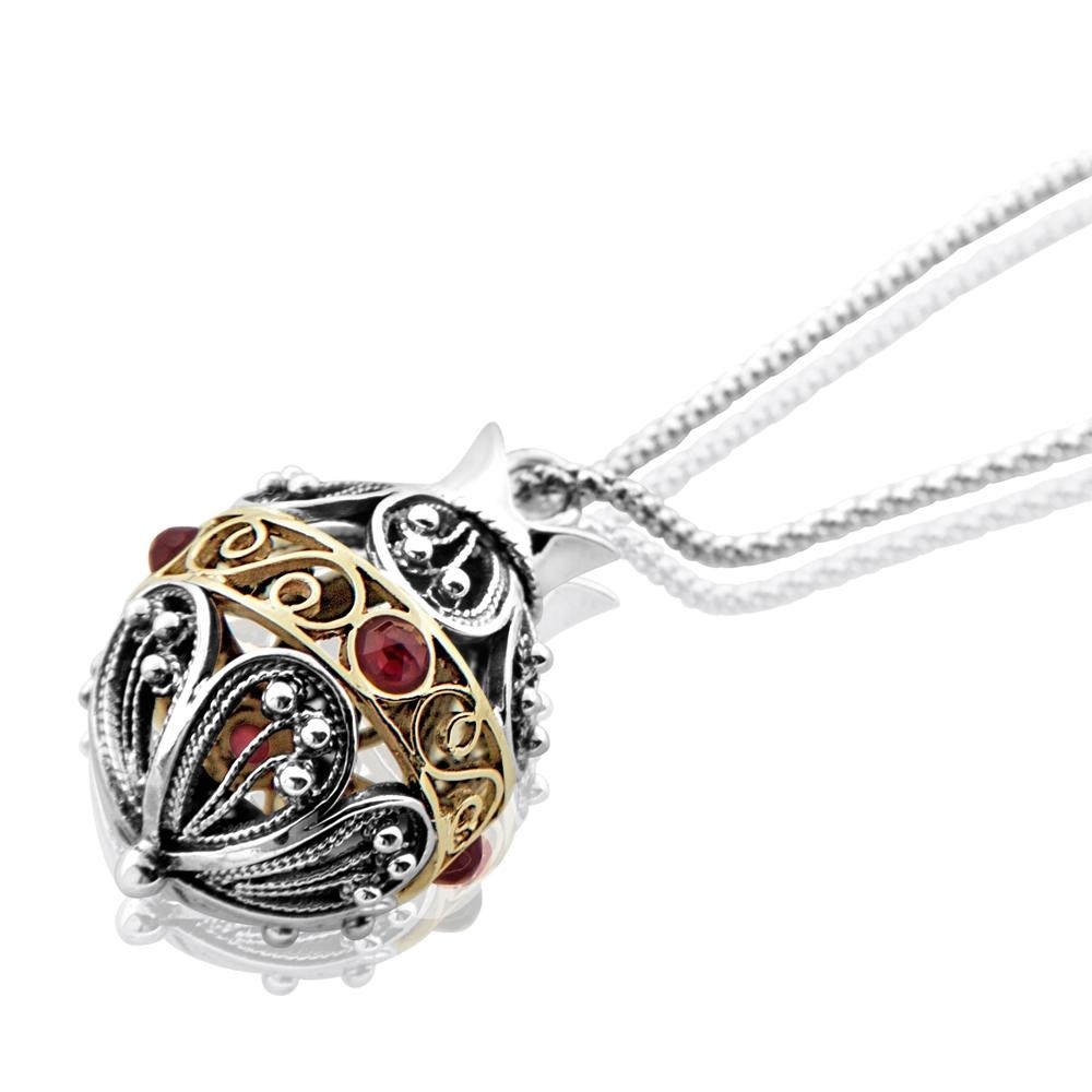 Silver and Gold Pomegranate Necklace with Garnet Stones - 2