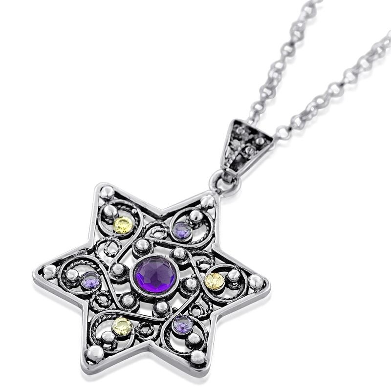 Sterling Silver Filigree Star of David Necklace with Gemstones - 1