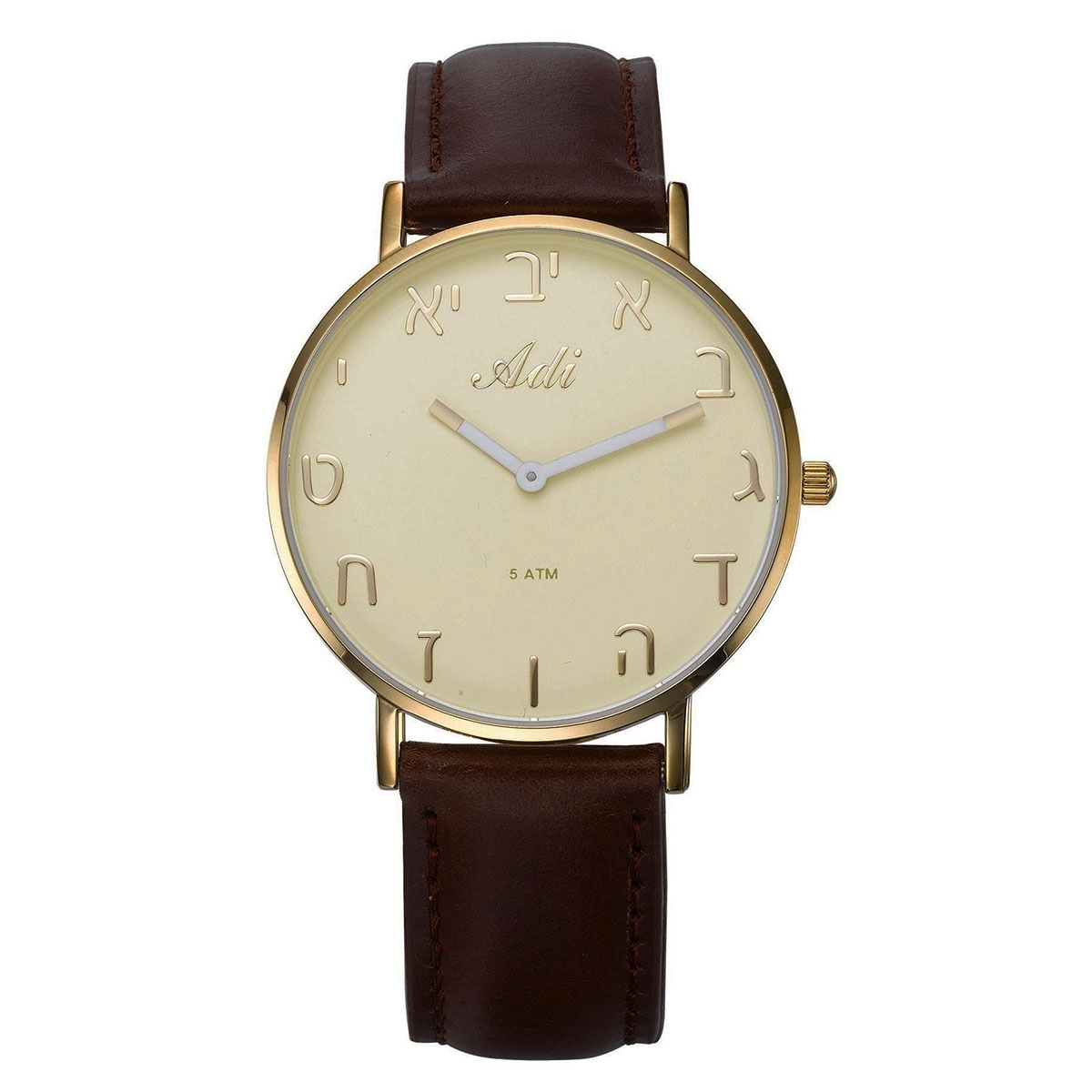 Adi Brown Leather Aleph-Bet Watch - Cream and Gold Face - 1