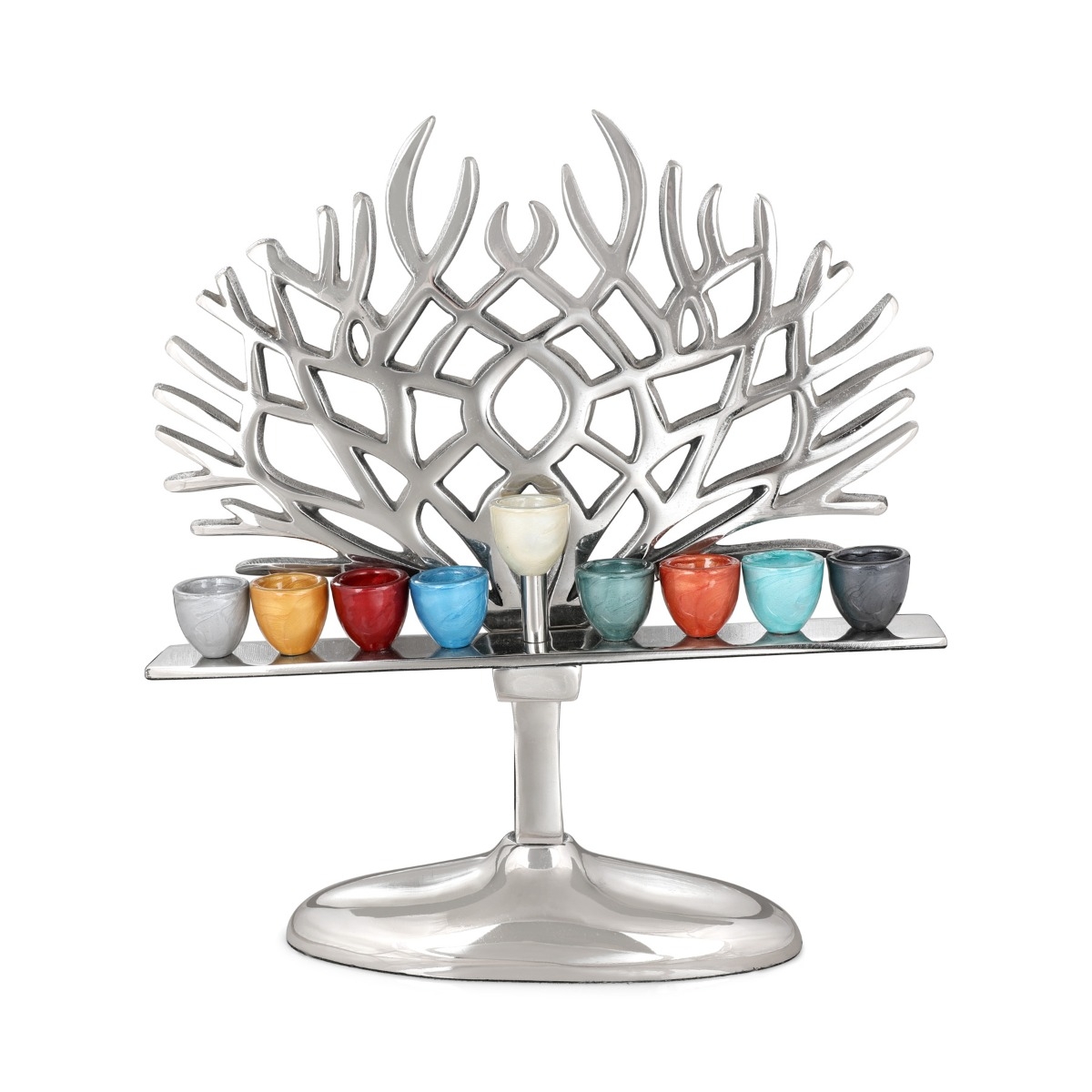 Aluminum Tree of Life Hanukkah Menorah with Colorful Candleholders - 1