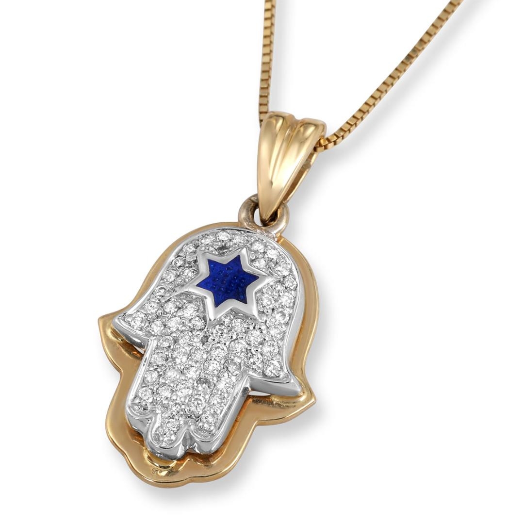 Anbinder Jewelry 14K Gold Diamond Hamsa Pendant with Blue Enamel Star of David - 1