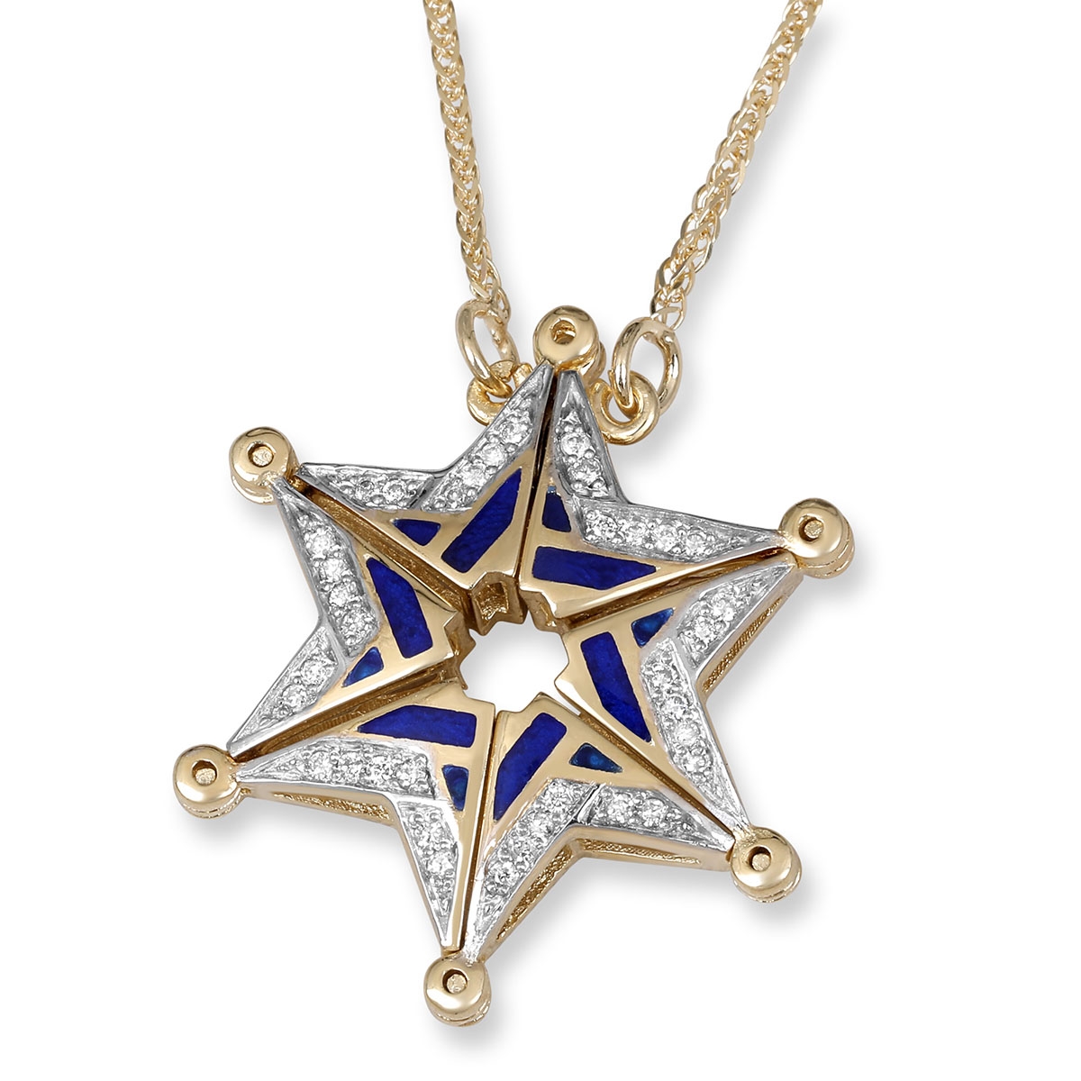 Anbinder Jewelry 14K Yellow Gold Openable Star of David Necklace With White Diamonds and Blue Enamel - 1
