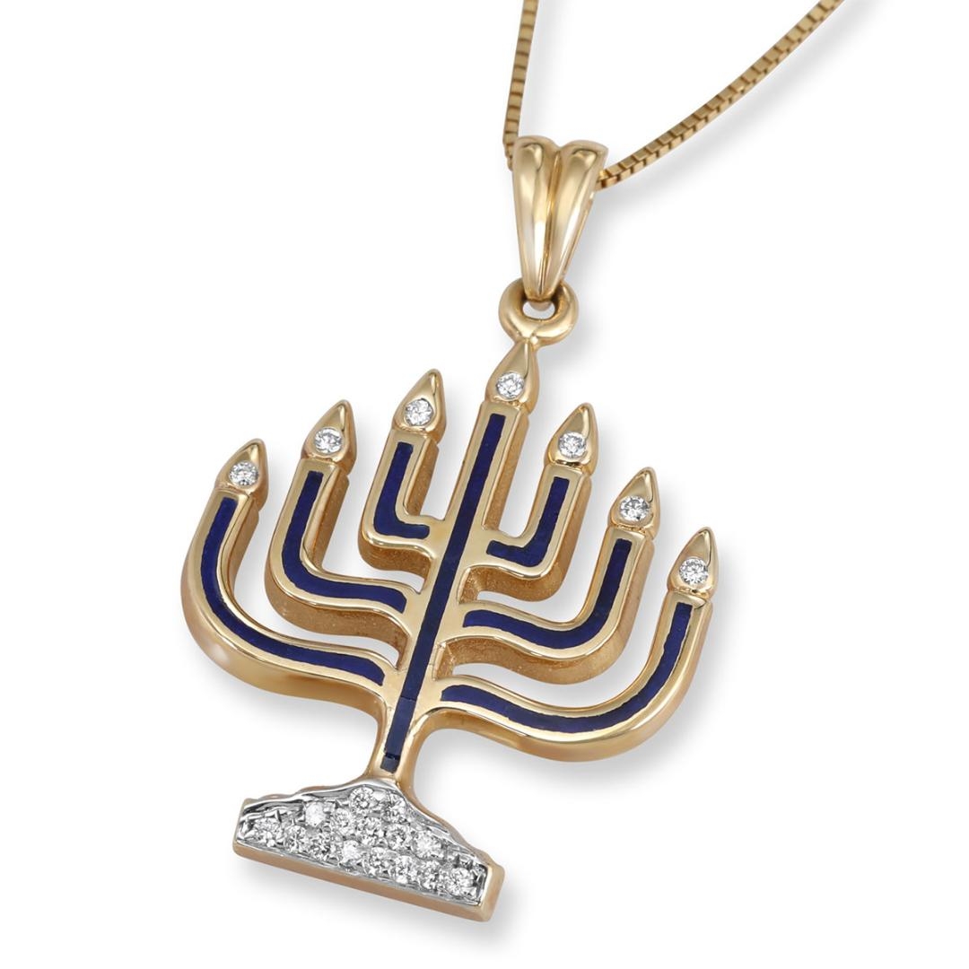 Anbinder Jewelry 14K Yellow Gold Seven-Branch Menorah Pendant with Diamonds & Blue Enamel - 1