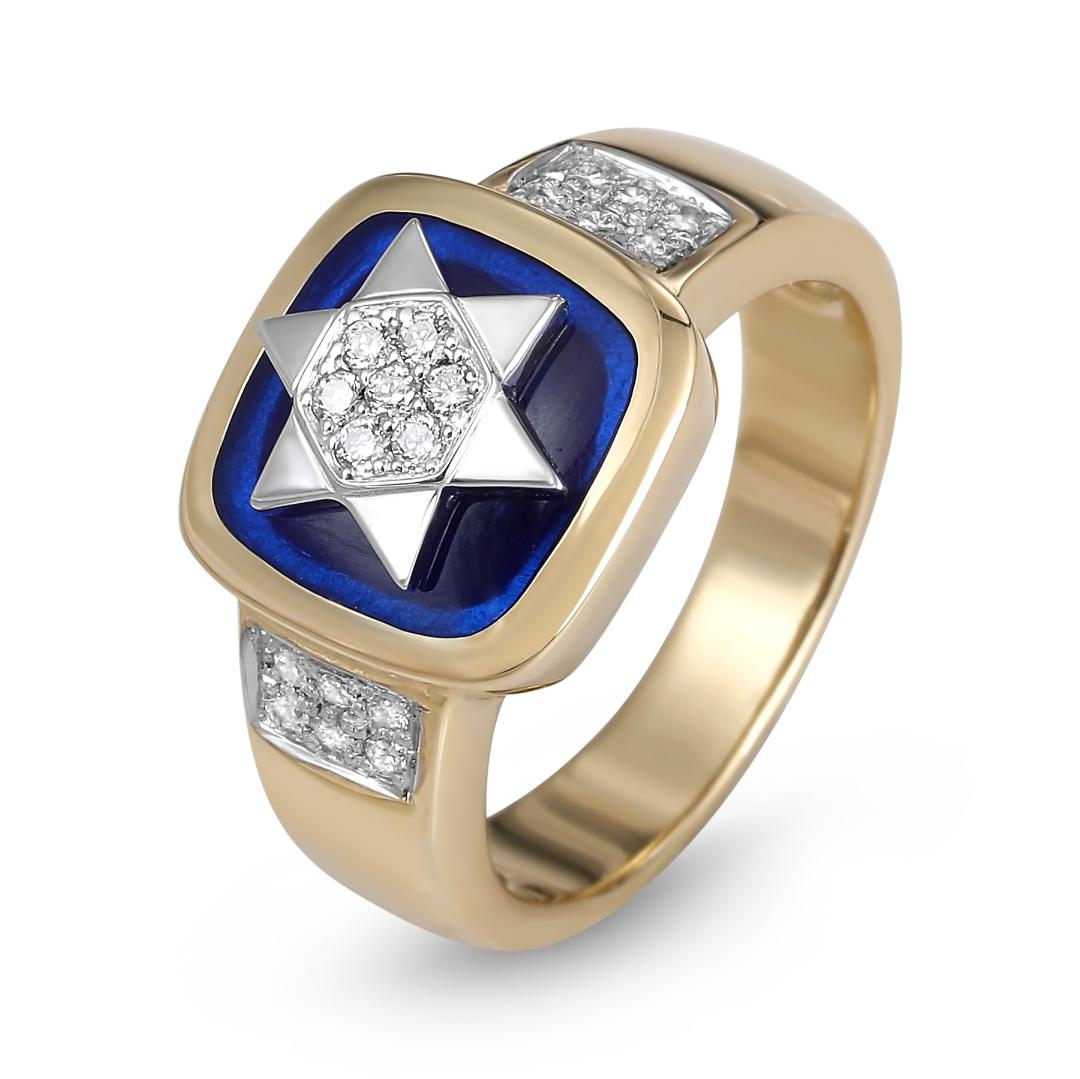 14K Yellow & White Gold Star of David Pavé Ring with Blue Enamel and 19 Diamonds - 1