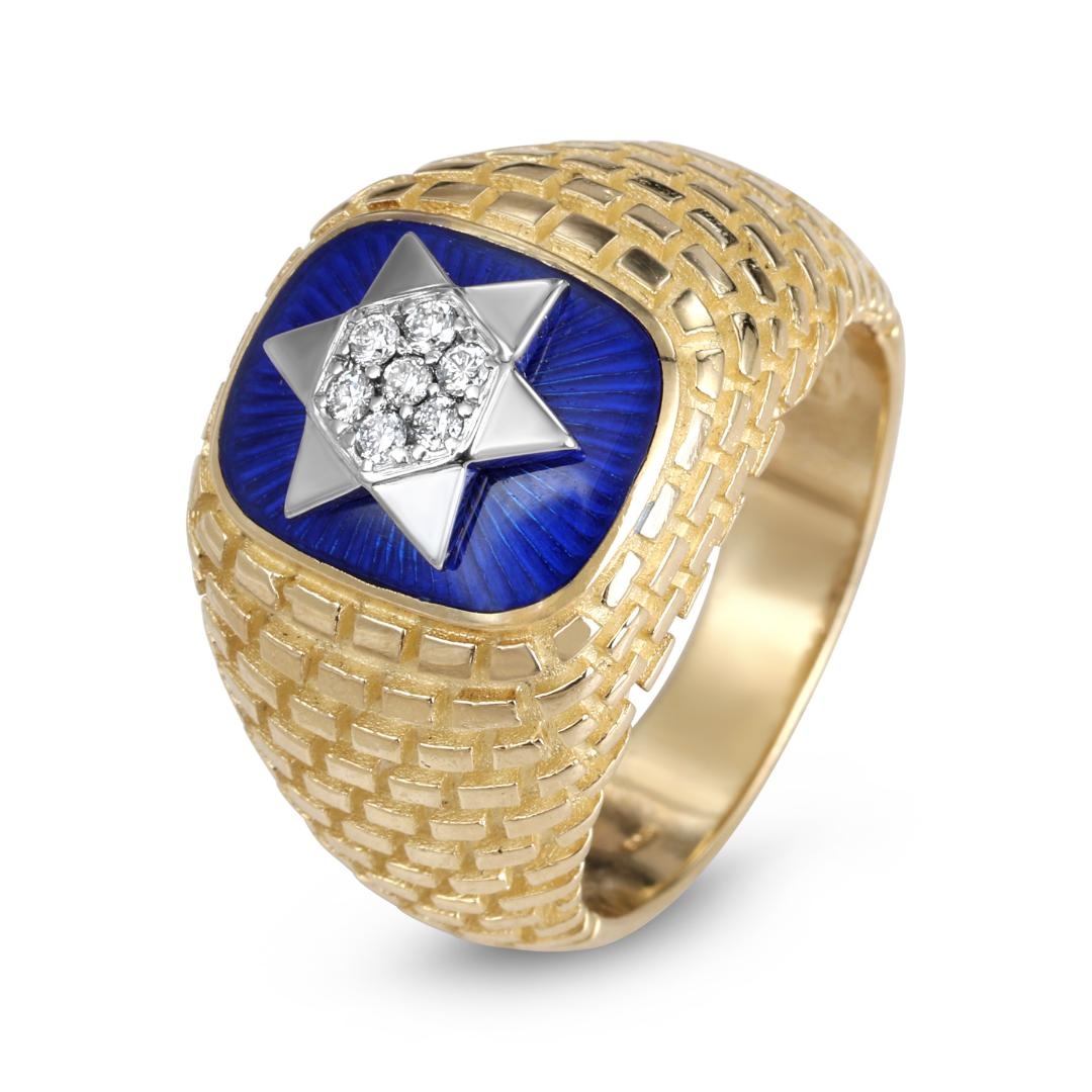 Anbinder Jewelry 14K Yellow & White Gold Star of David & Western Wall Diamond Ring with Blue Enamel   - 1