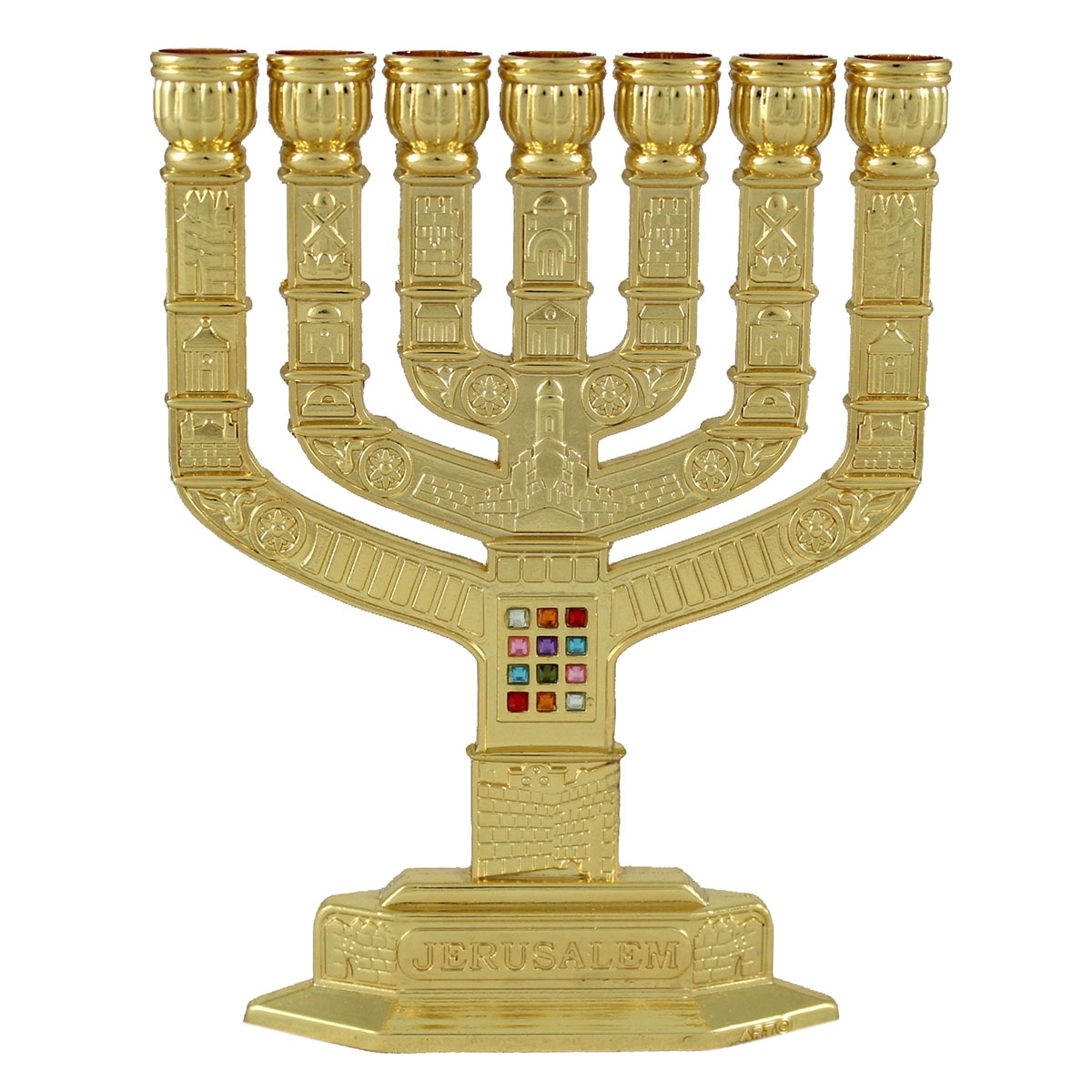 Gold-Plated Hoshen 7-Branch Engraved Jerusalem Menorah  - 1