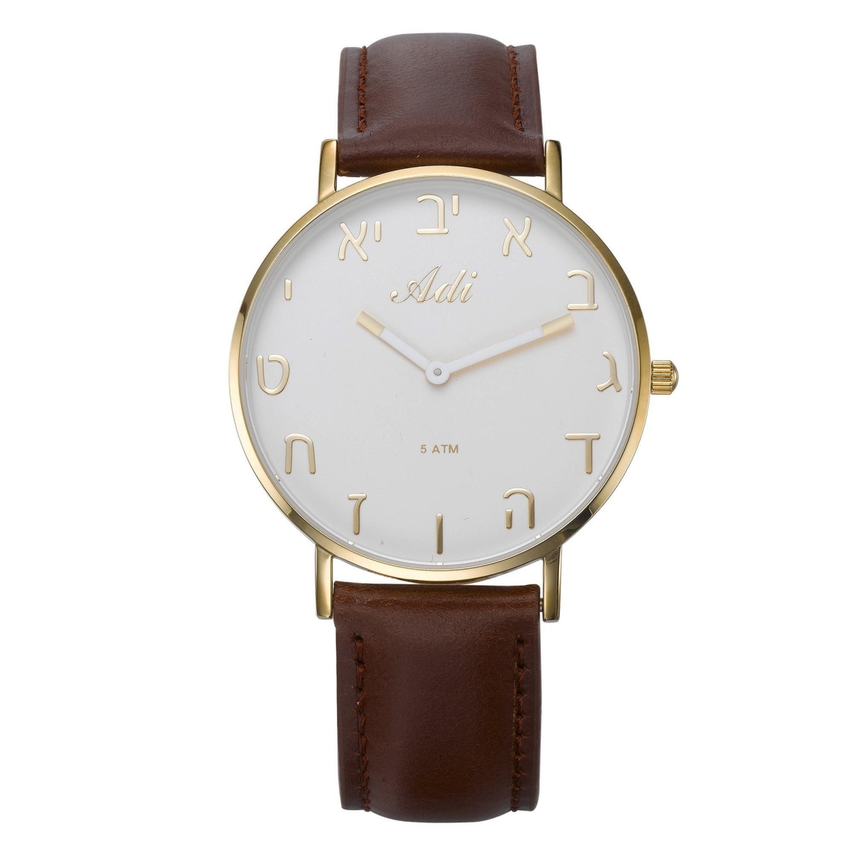 Adi Brown Leather Aleph-Bet Watch - White and Gold Face (Large) - 1