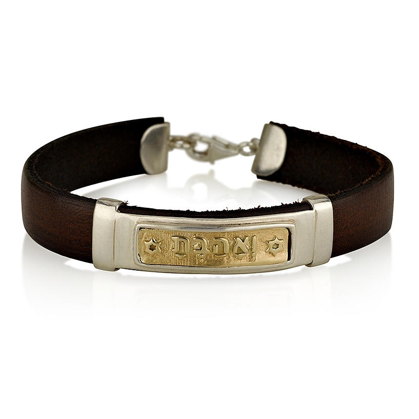 Leather, Silver and 14K Gold VeAhavta Bracelet - 1