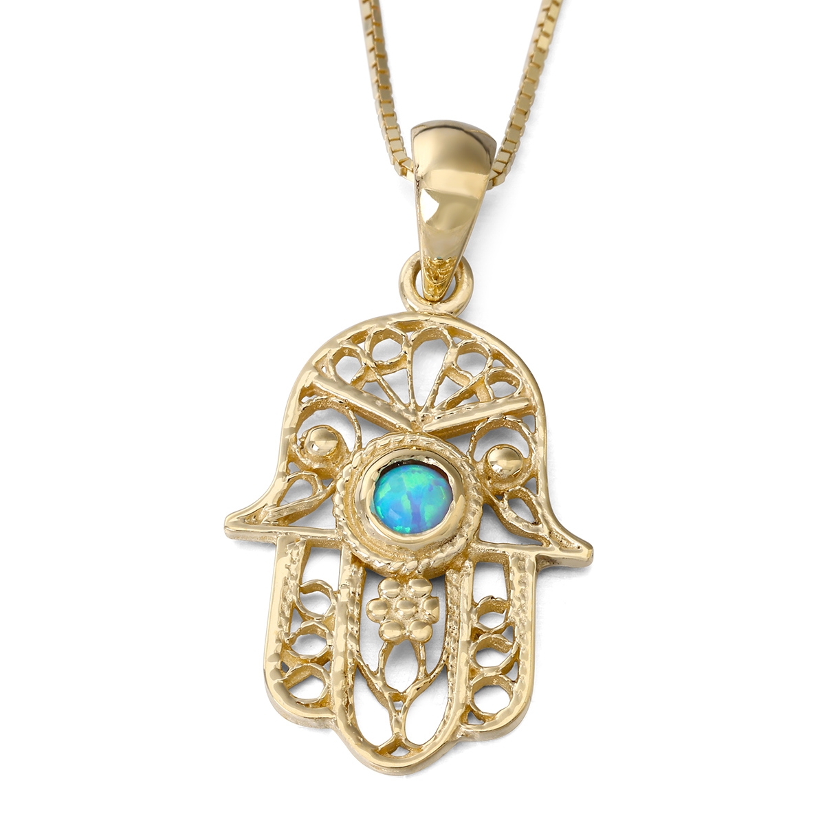 14K Gold Filigree Hamsa Pendant Necklace with Blue Opal Stone - 1