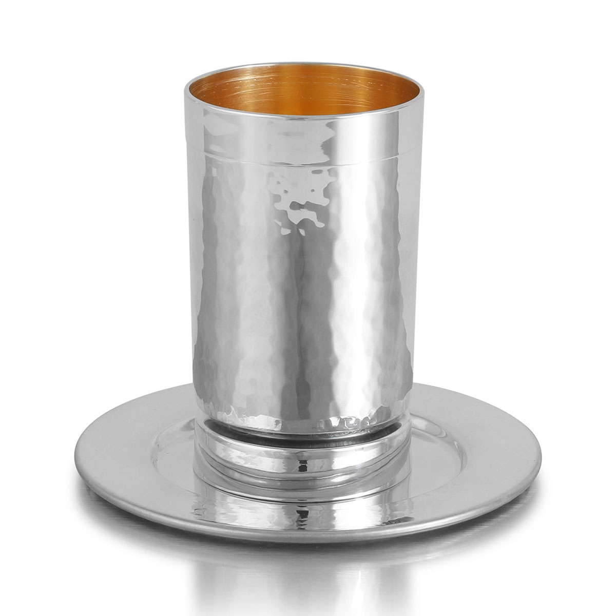 Bier Judaica 925 Sterling Silver Hammered Kiddush Cup With Polished Saucer - 1