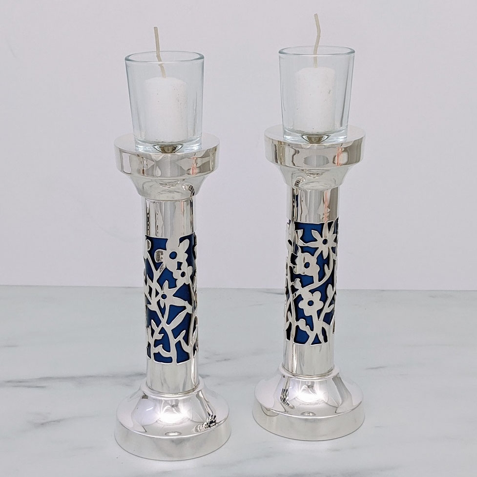 Bier Judaica 925 Sterling Silver Handcrafted Candlesticks With Floral Motif (Variety of Colors) - 1