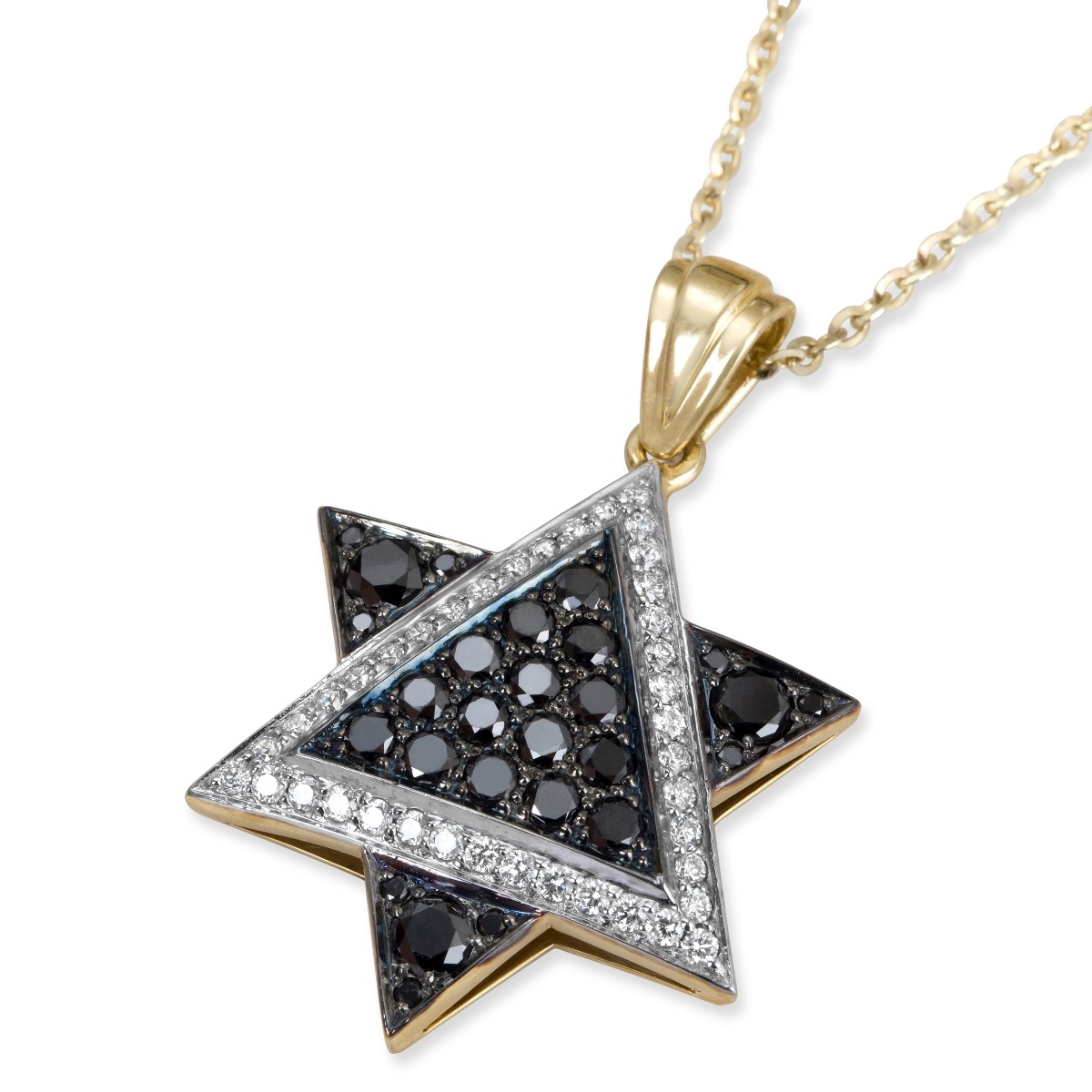 14K Gold Star of David Pendant Accented With 66 White & Black Diamonds - 1