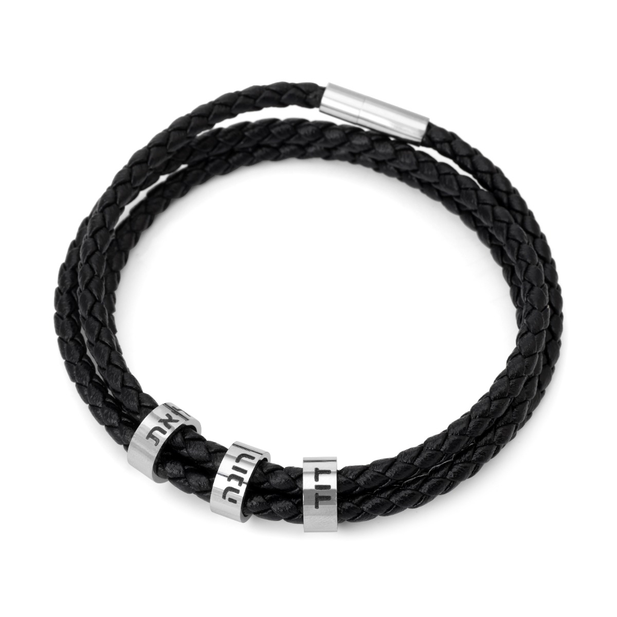 Black Leather Hebrew Name Bracelet for Dads - Up To 5 Names - 1