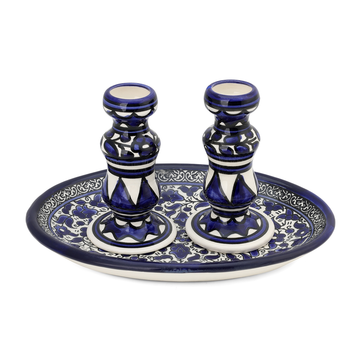 Armenian Ceramics Shabbat Candlesticks Set With Floral Design - Blue - 1