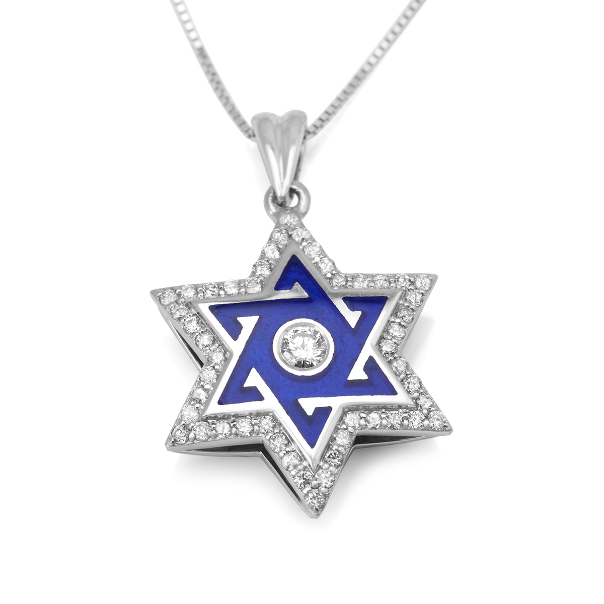 Diamond-Accented Star of David 14K White Gold Pendant Necklace With Blue Enamel - 1